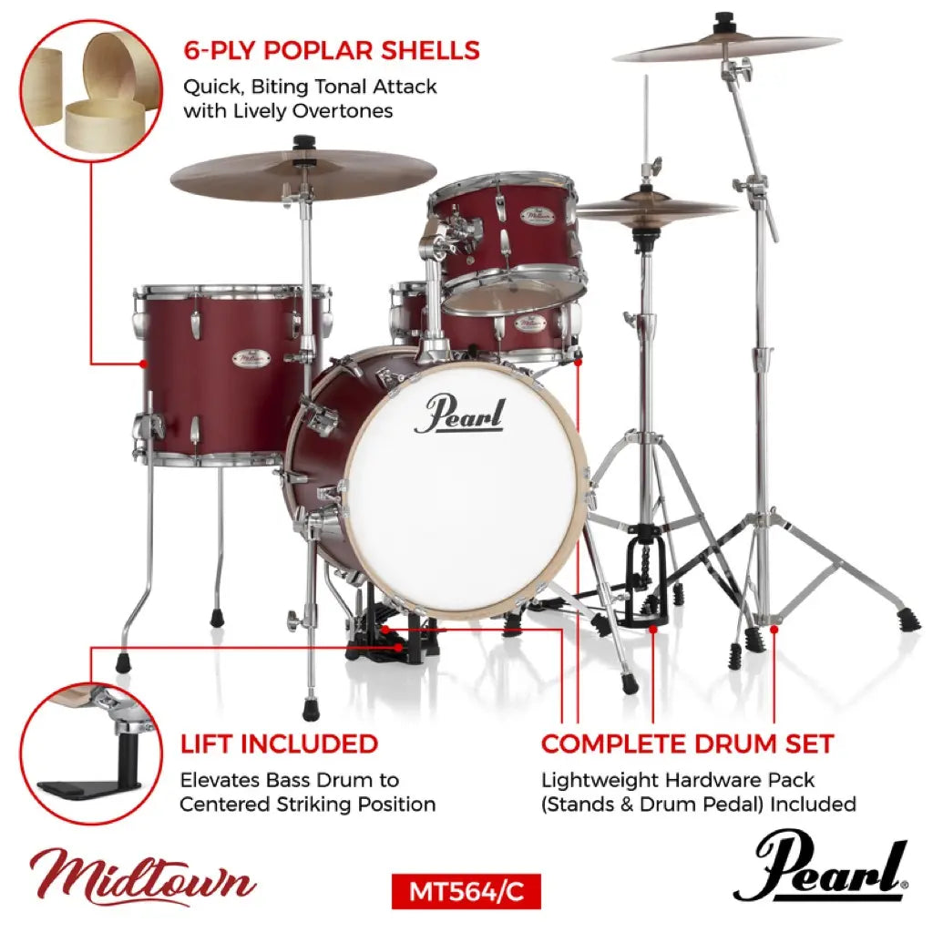 Pearl Midtown 4pc Drum Set Matte Red w/Hardware & Bags - Drum Center Of Portsmouth