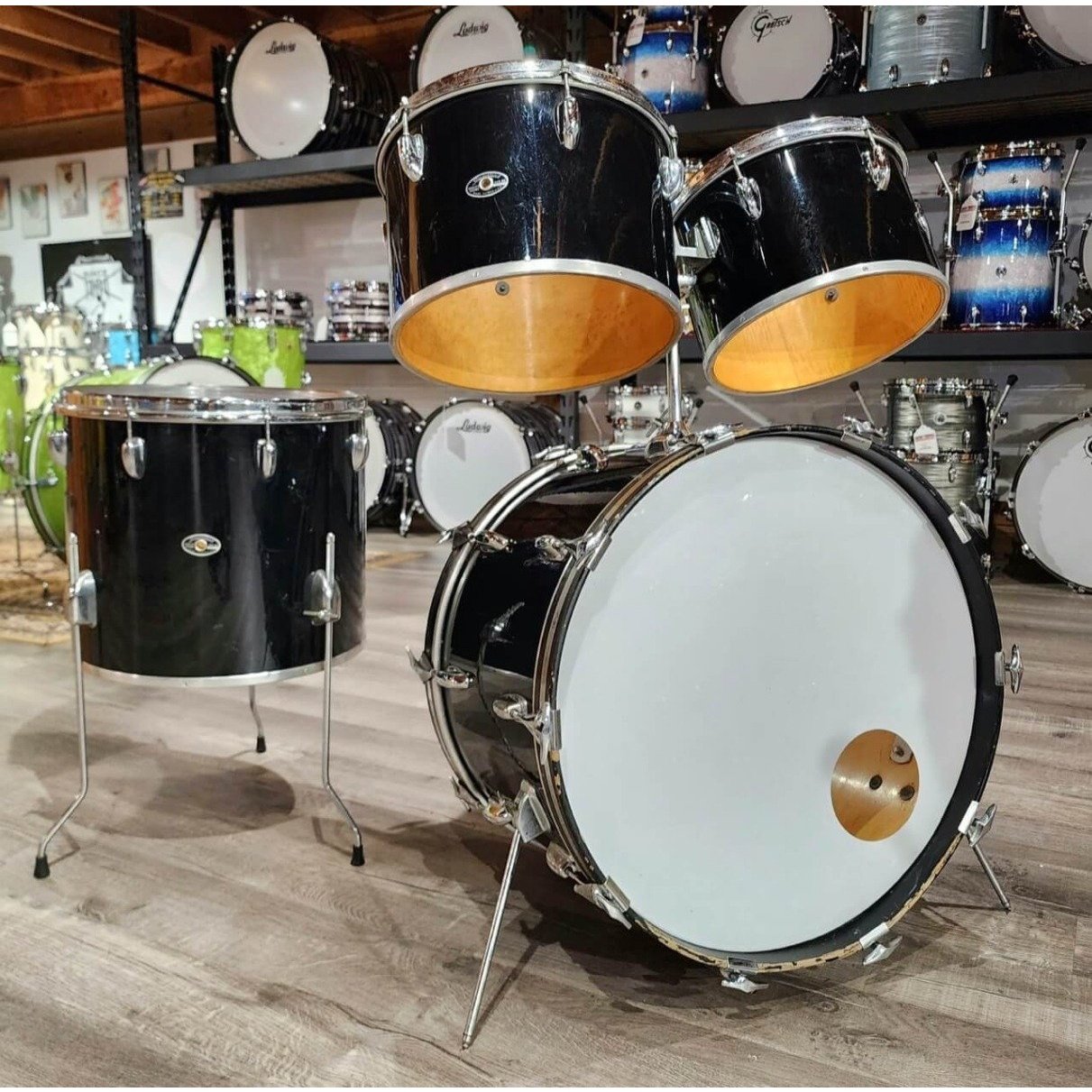 Used Vintage Slingerland 4pc Single-Headed Drum Set - Black
