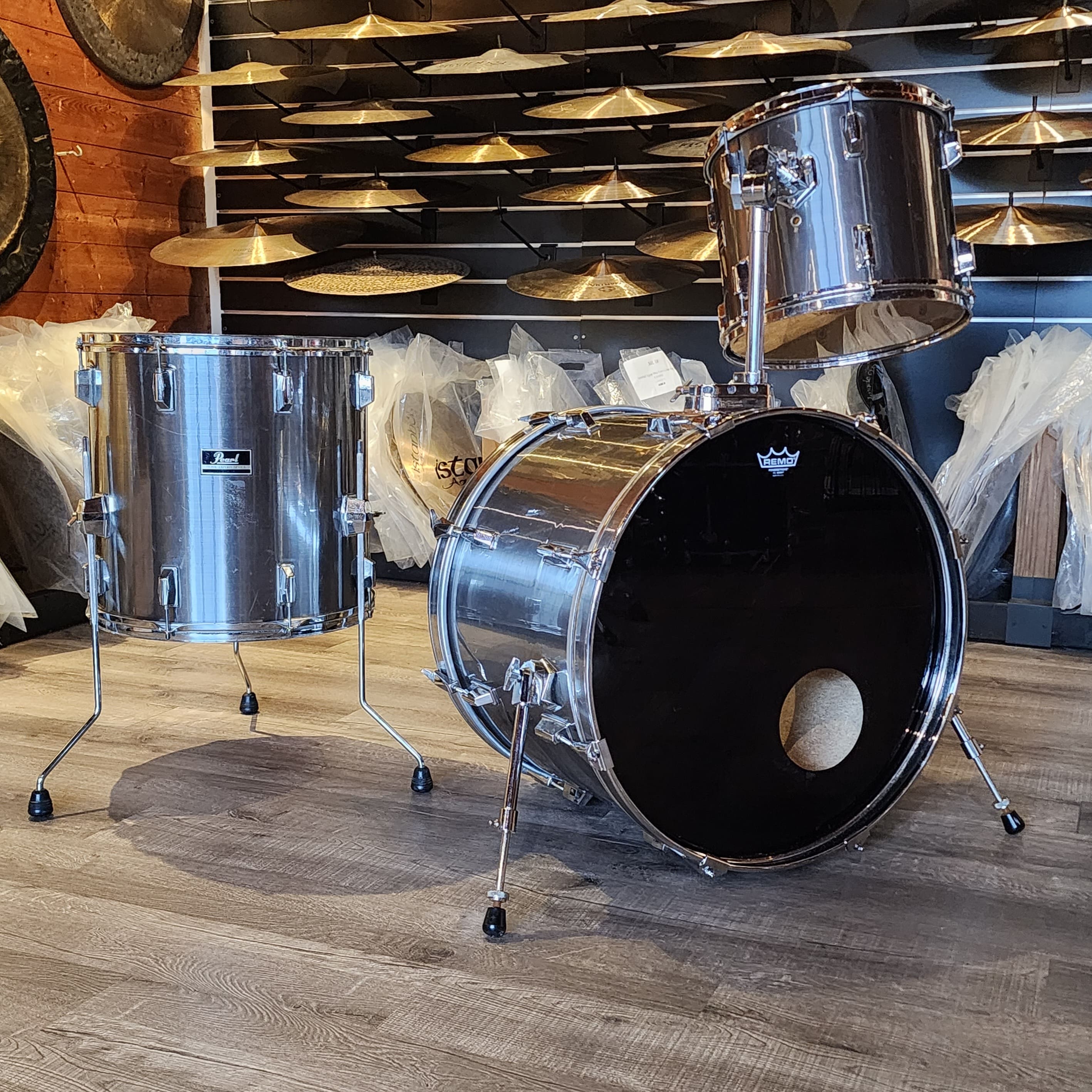 Used Pearl Export 3pc Drum Set Brushed Metallic Silver