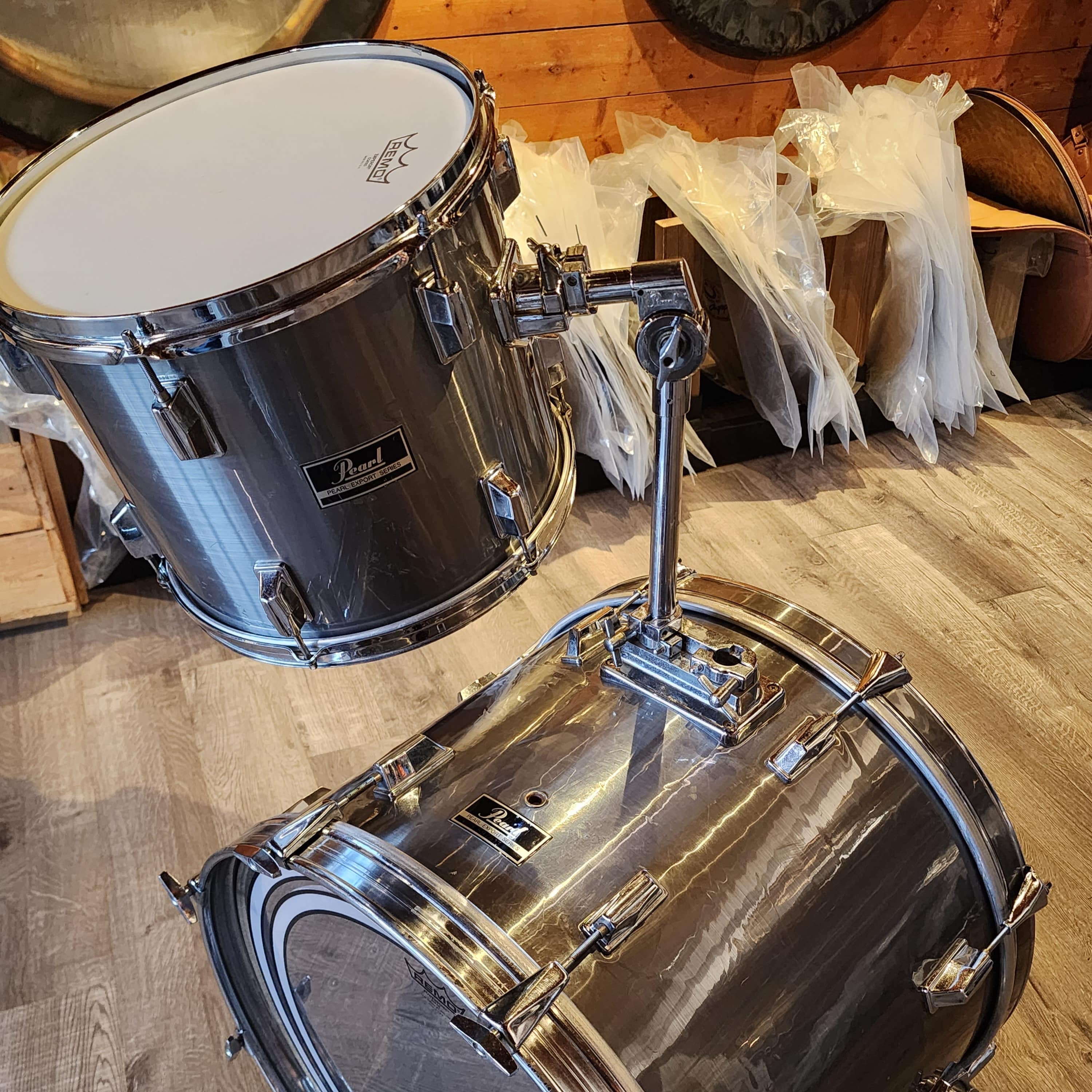 Used Pearl Export 3pc Drum Set Brushed Metallic Silver