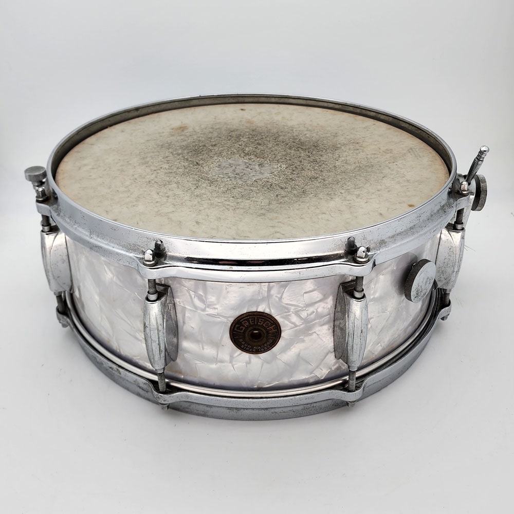 Used Vintage Gretsch Round Badge '60s Snare Drum 14x5.5 White Marine Pearl - Drum Center Of Portsmouth