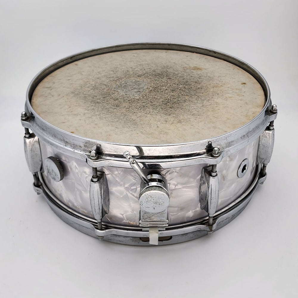 Used Vintage Gretsch Round Badge '60s Snare Drum 14x5.5 White Marine Pearl - Drum Center Of Portsmouth