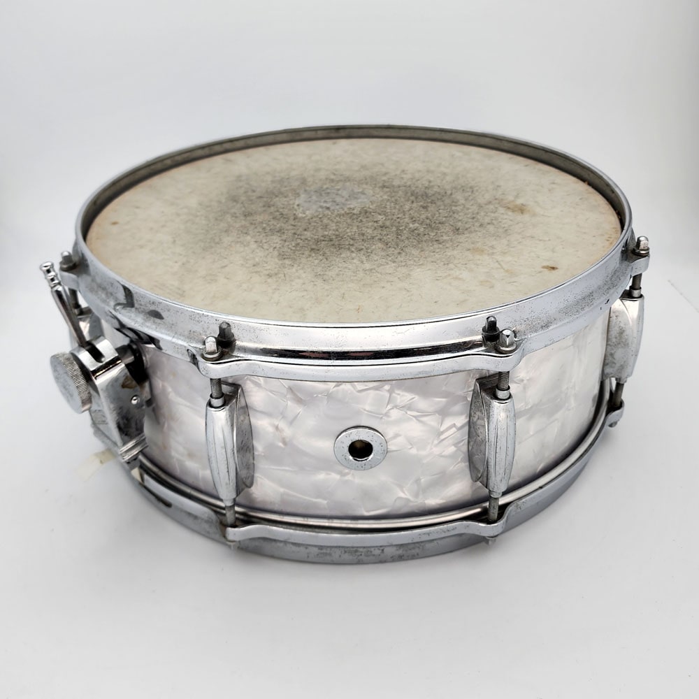 Used Vintage Gretsch Round Badge '60s Snare Drum 14x5.5 White Marine Pearl - Drum Center Of Portsmouth