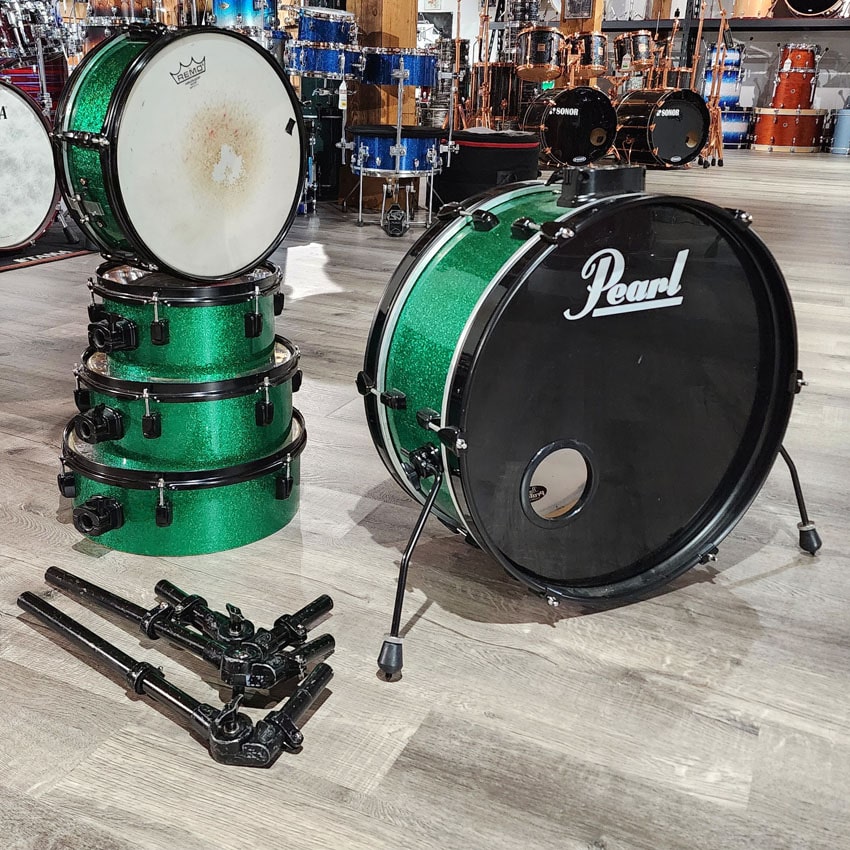 Used Pearl Rhythm Traveler 5pc Drum Set Green Sparkle - Good