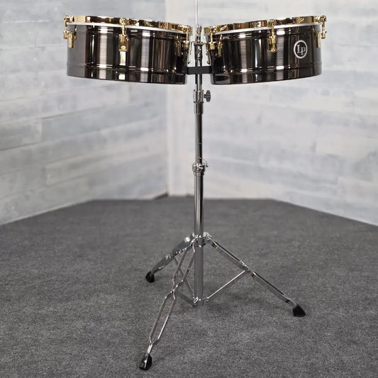 Used LP Latin Percussion Matador 14/15 Brush Nickel Timbale Set with Stand - Very Good - Drum Center Of Portsmouth