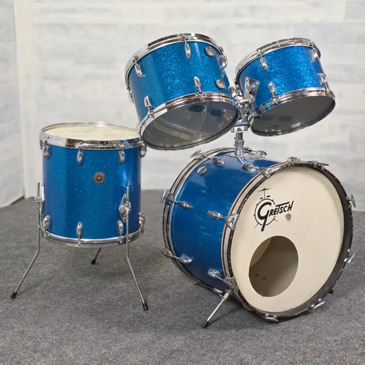 Used Vintage Gretsch Round Badge 4pc Drum Set Blue Sparkle - Good - Drum Center Of Portsmouth