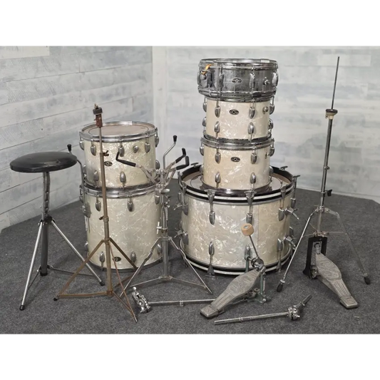 Used Vintage Slingerland Avante 60n 6pc Drum Set White Marine Pearl w/ Slingerland Chrome Over Brass Snare Drum - Good - Drum Center Of Portsmouth