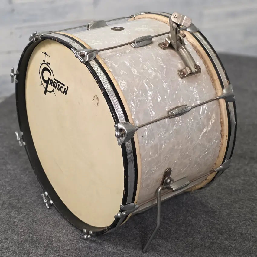 Used Vintage Gretsch Round Badge Bass Drum 22x14 White Marine Pearl - Fair - Drum Center Of Portsmouth