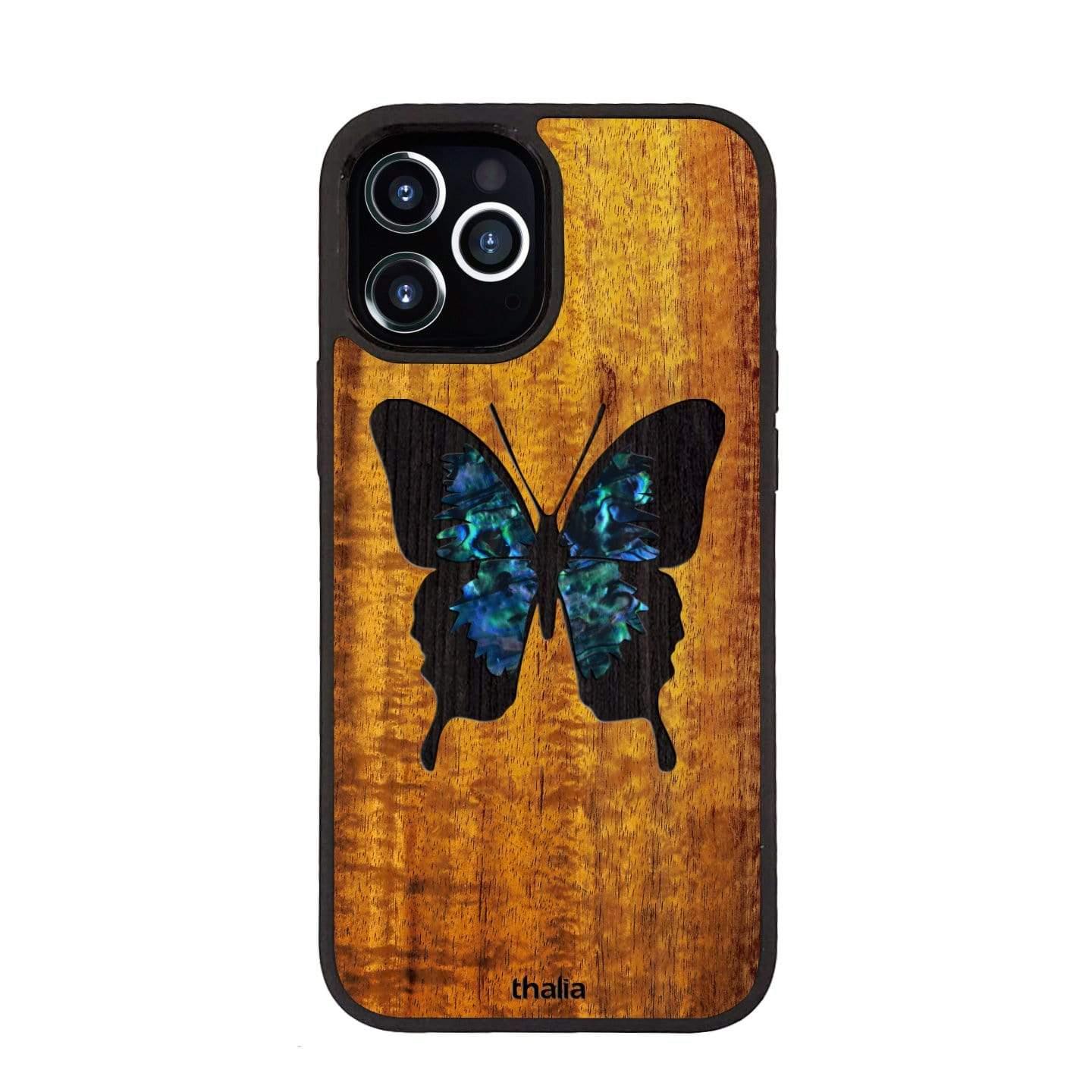 Thalia Hawaiian Koa Wood Case for iPhone 16 Pro | Blue Abalone Butterfly