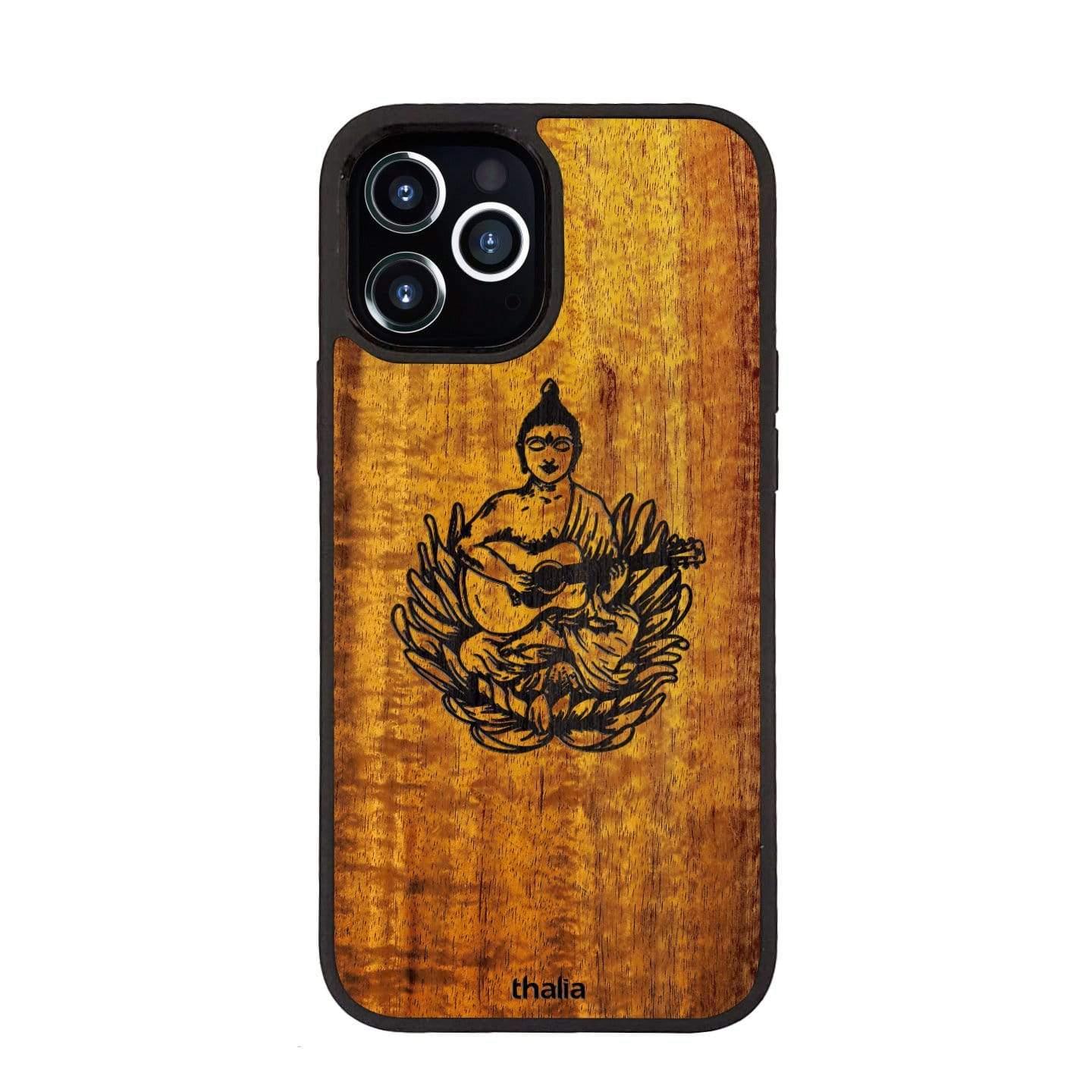 Thalia Hawaiian Koa Wood Case for iPhone 16 Pro | Buddha Playing OM Guitar
