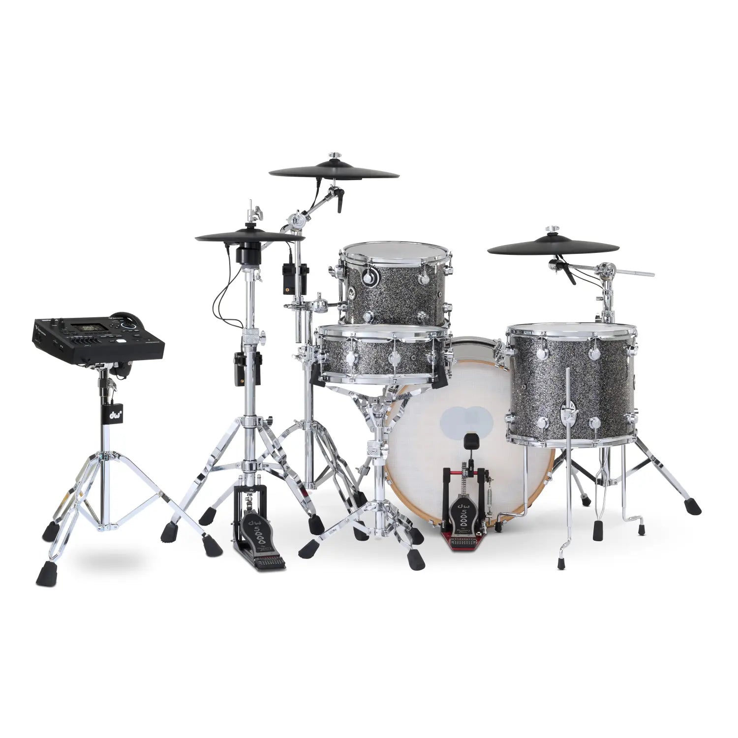 DW DWe 4pc Complete Electronic/Acoustic Drum Set w/Roland Cymbals & V51 Black Galaxy