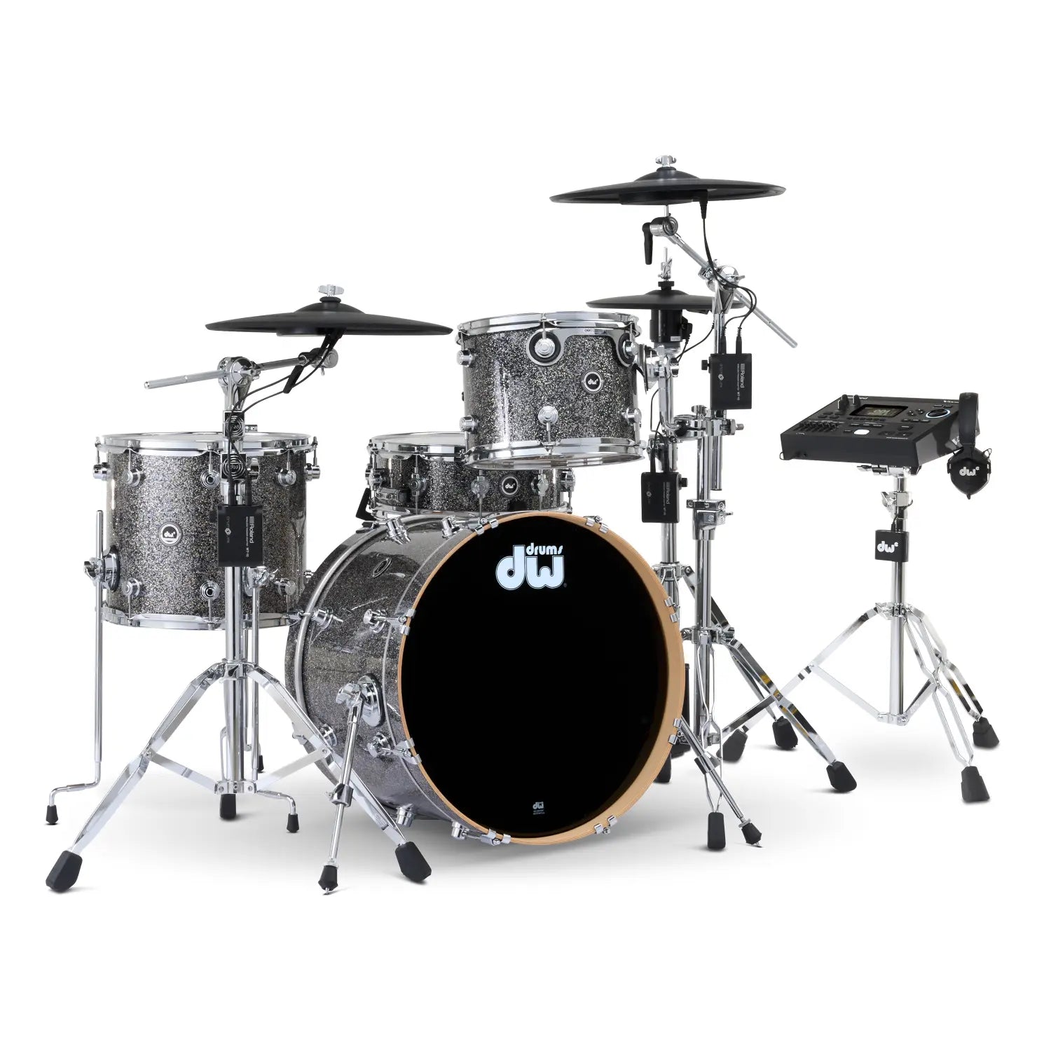 DW DWe 4pc Complete Electronic/Acoustic Drum Set w/Roland Cymbals & V51 Black Galaxy