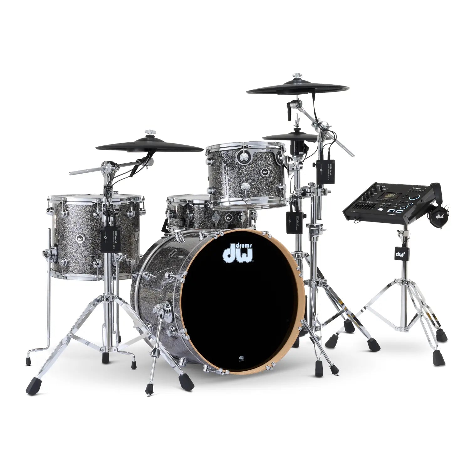 DW DWe 4pc Complete Electronic/Acoustic Drum Set w/Roland Cymbals & V71 Black Galaxy
