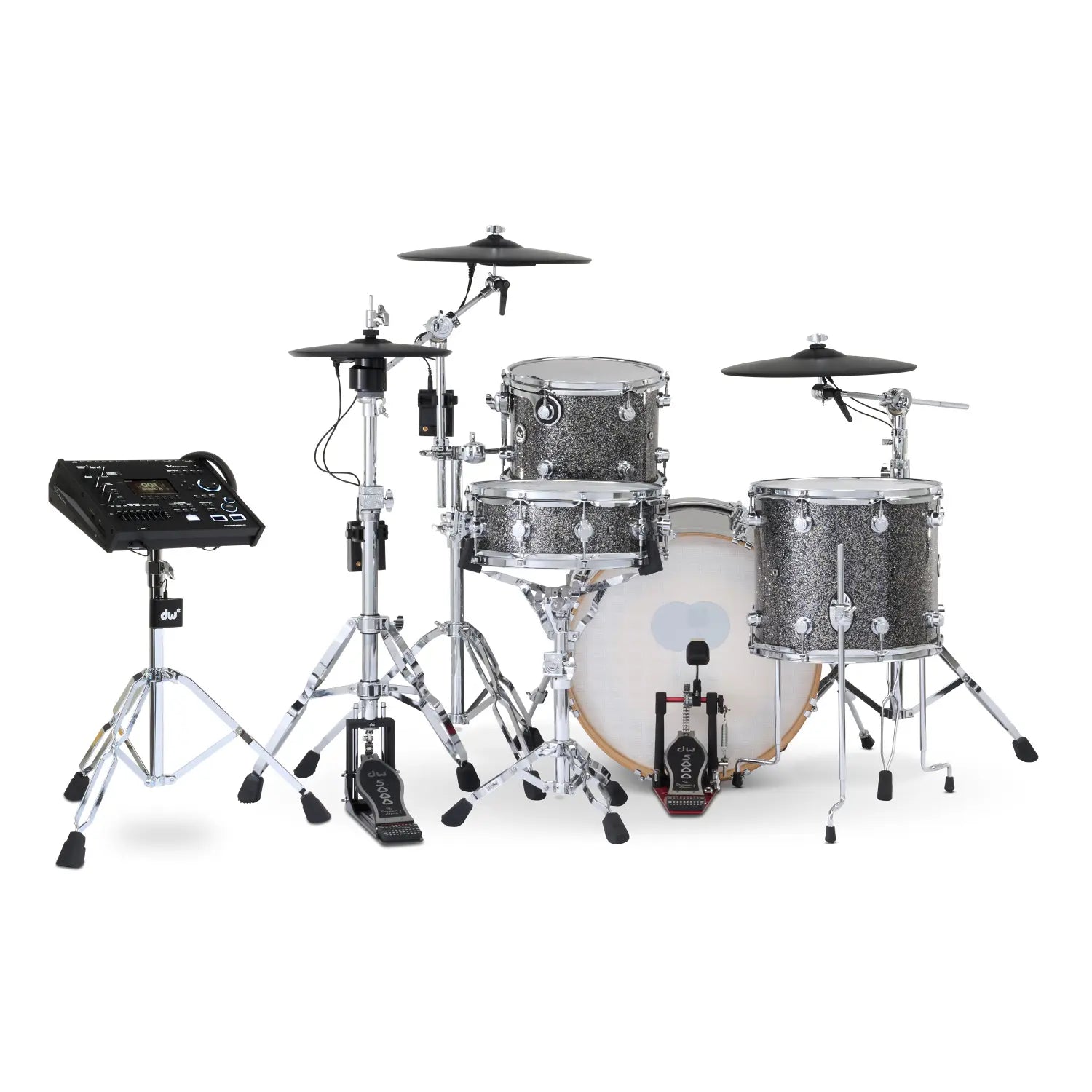 DW DWe 4pc Complete Electronic/Acoustic Drum Set w/Roland Cymbals & V71 Black Galaxy