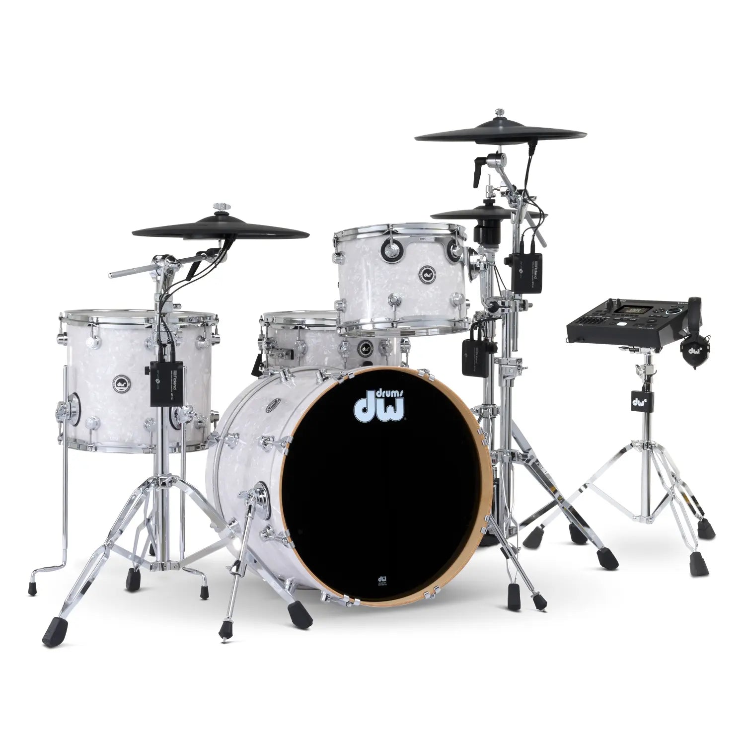 DW DWe 4pc Complete Electronic/Acoustic Drum Set w/Roland Cymbals & V51 White Marine