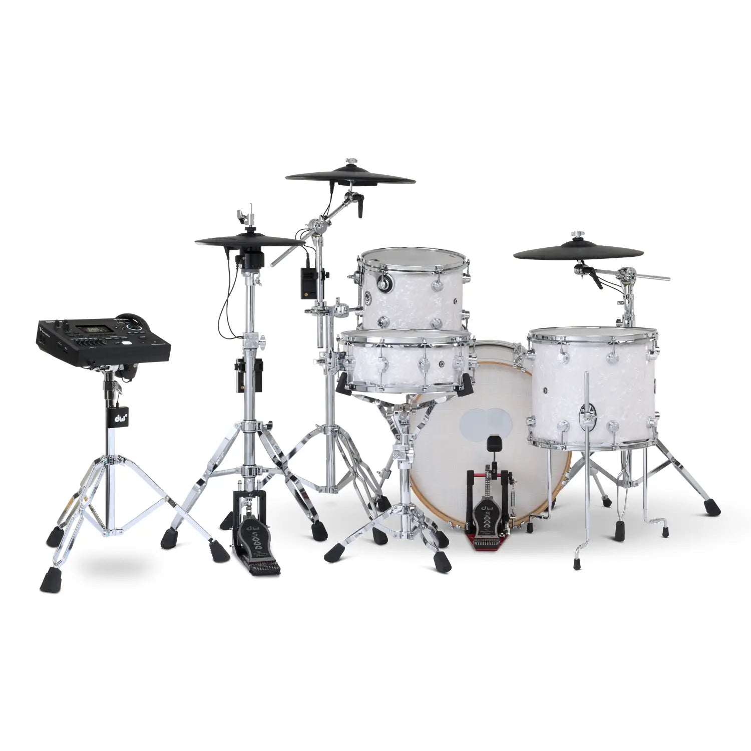 DW DWe 4pc Complete Electronic/Acoustic Drum Set w/Roland Cymbals & V51 White Marine