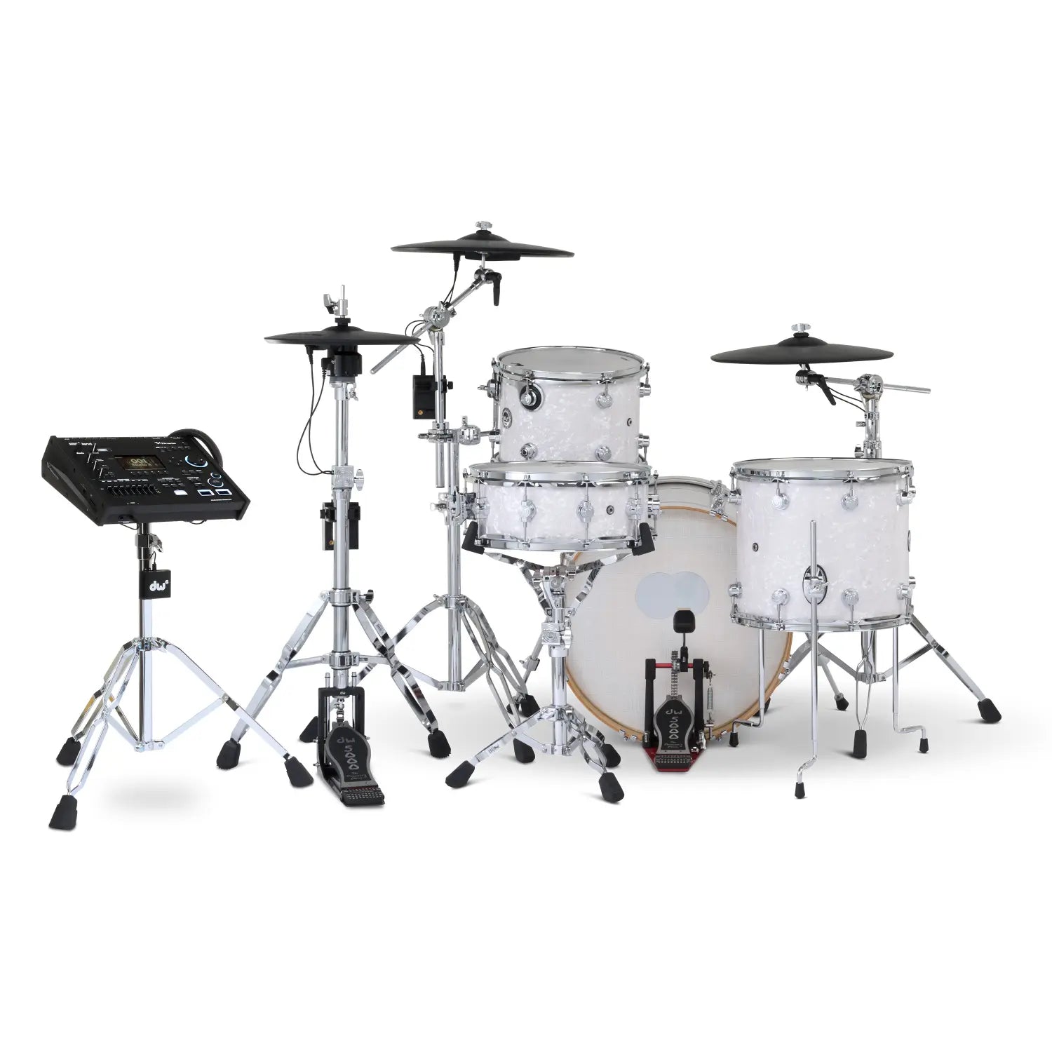 DW DWe 4pc Complete Electronic/Acoustic Drum Set w/Roland Cymbals & V71 White Marine