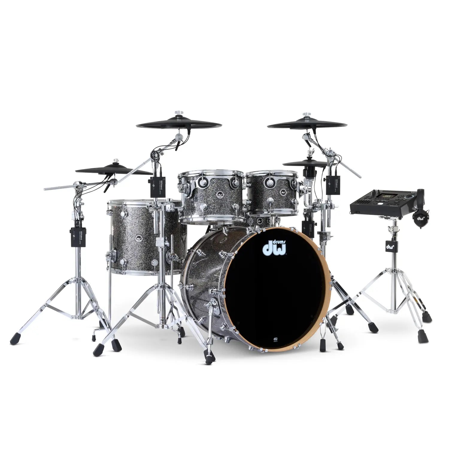 DW DWe 5pc Complete Electronic/Acoustic Drum Set w/Roland Cymbals & V51 Black Galaxy