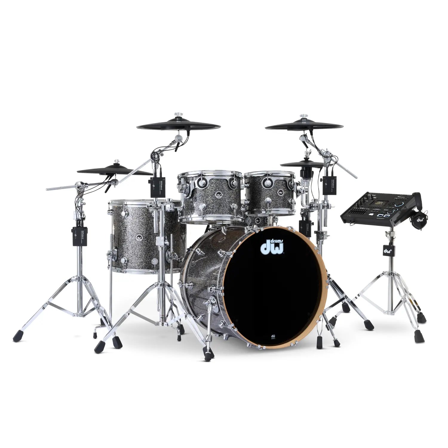 DW DWe 5pc Complete Electronic/Acoustic Drum Set w/Roland Cymbals & V71 Black Galaxy