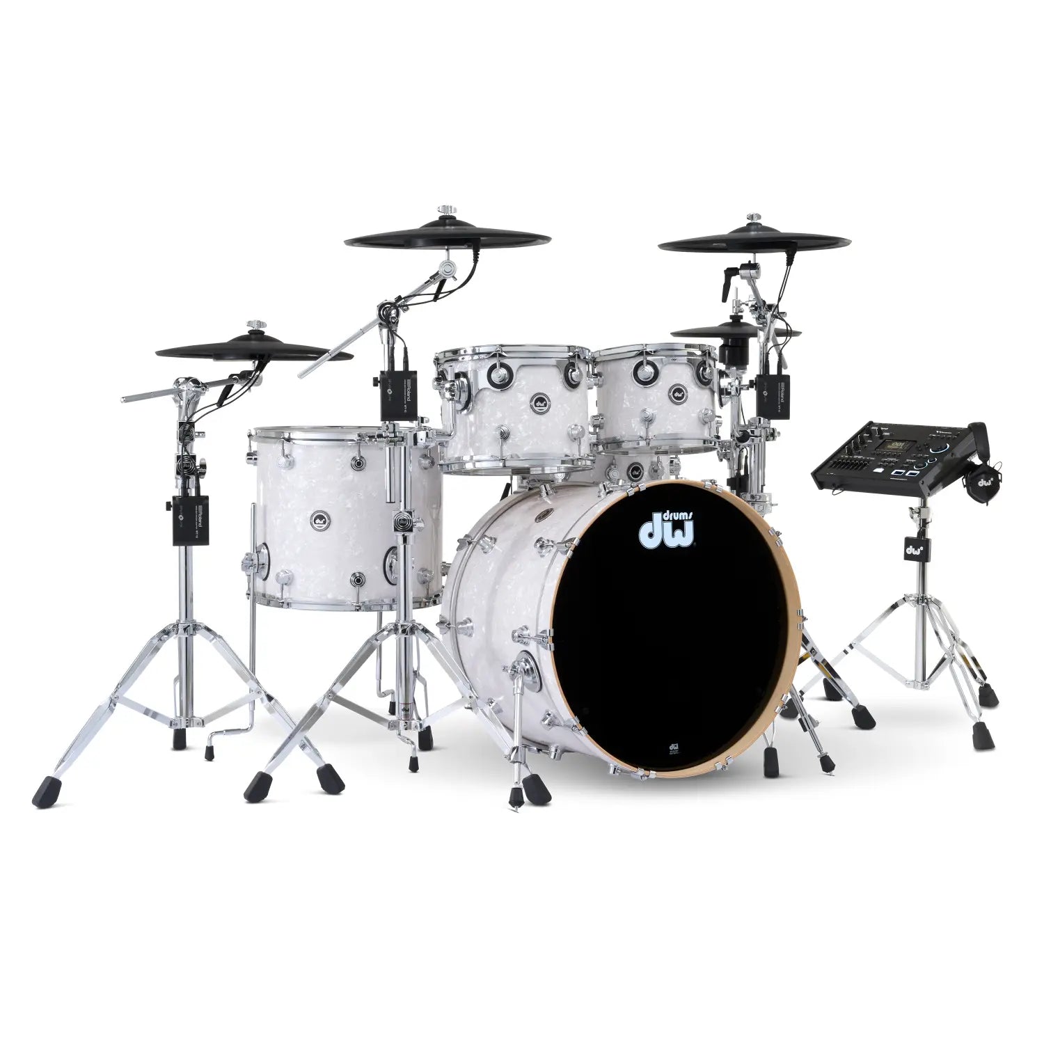 DW DWe 5pc Complete Electronic/Acoustic Drum Set w/Roland Cymbals & V71 White Marine