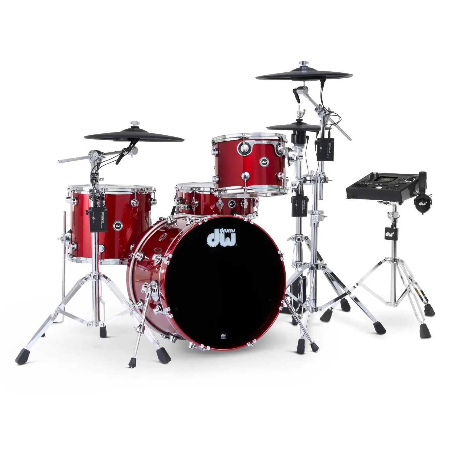 DW DWe 4pc Complete Electronic/Acoustic Drum Set w/Roland Cymbals & V51 Black Cherry Metallic