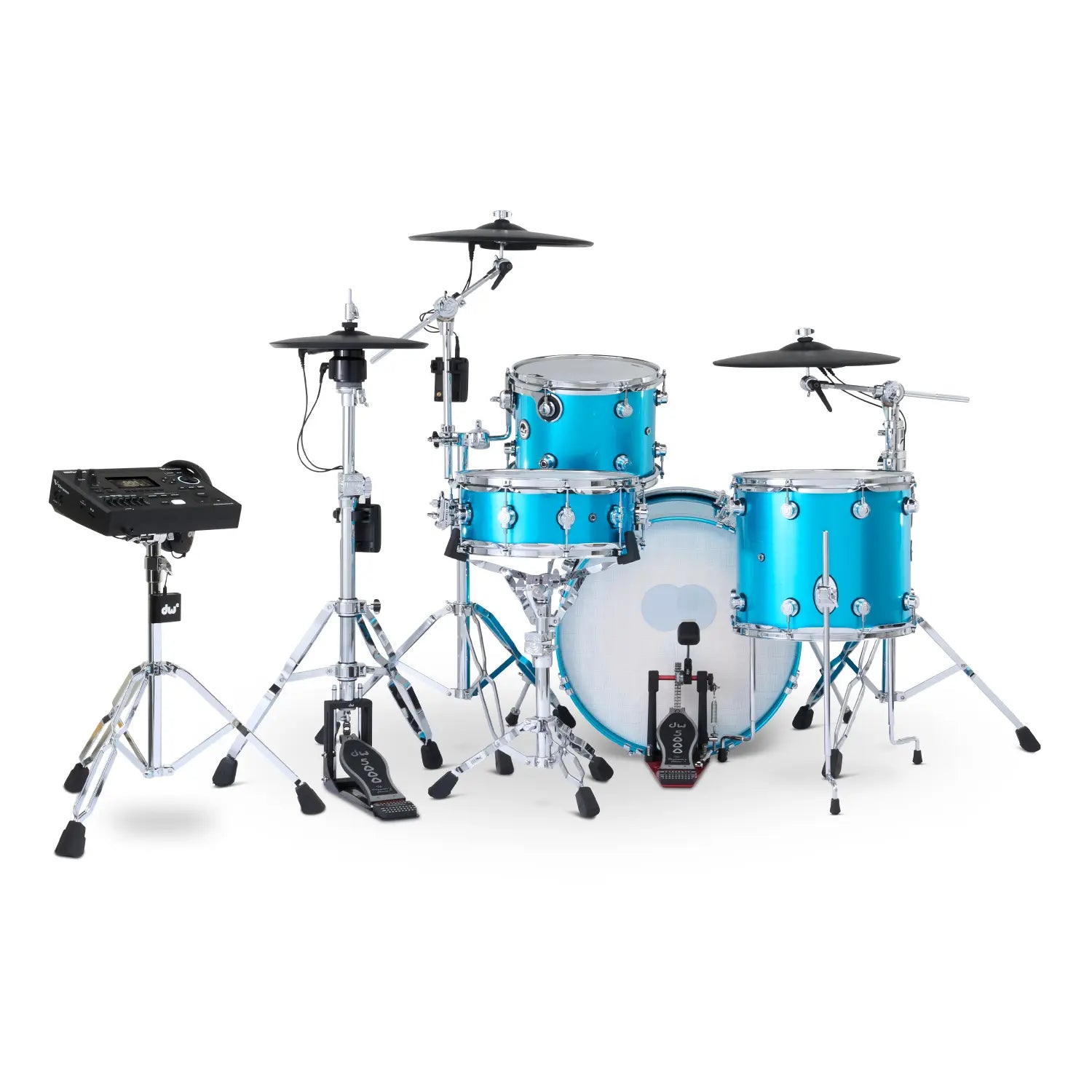 DW DWe 4pc Complete Electronic/Acoustic Drum Set w/Roland Cymbals & V51 Laser Blue Metallic