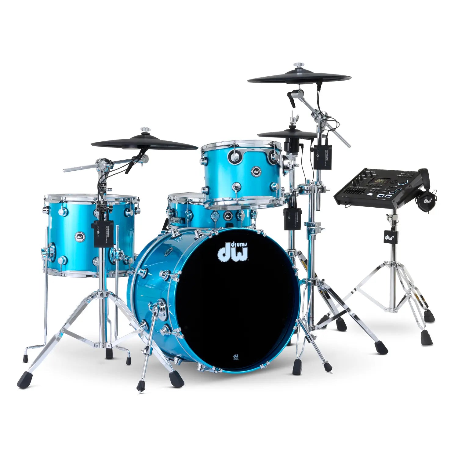 DW DWe 4pc Complete Electronic/Acoustic Drum Set w/Roland Cymbals & V71 Laser Blue Metallic
