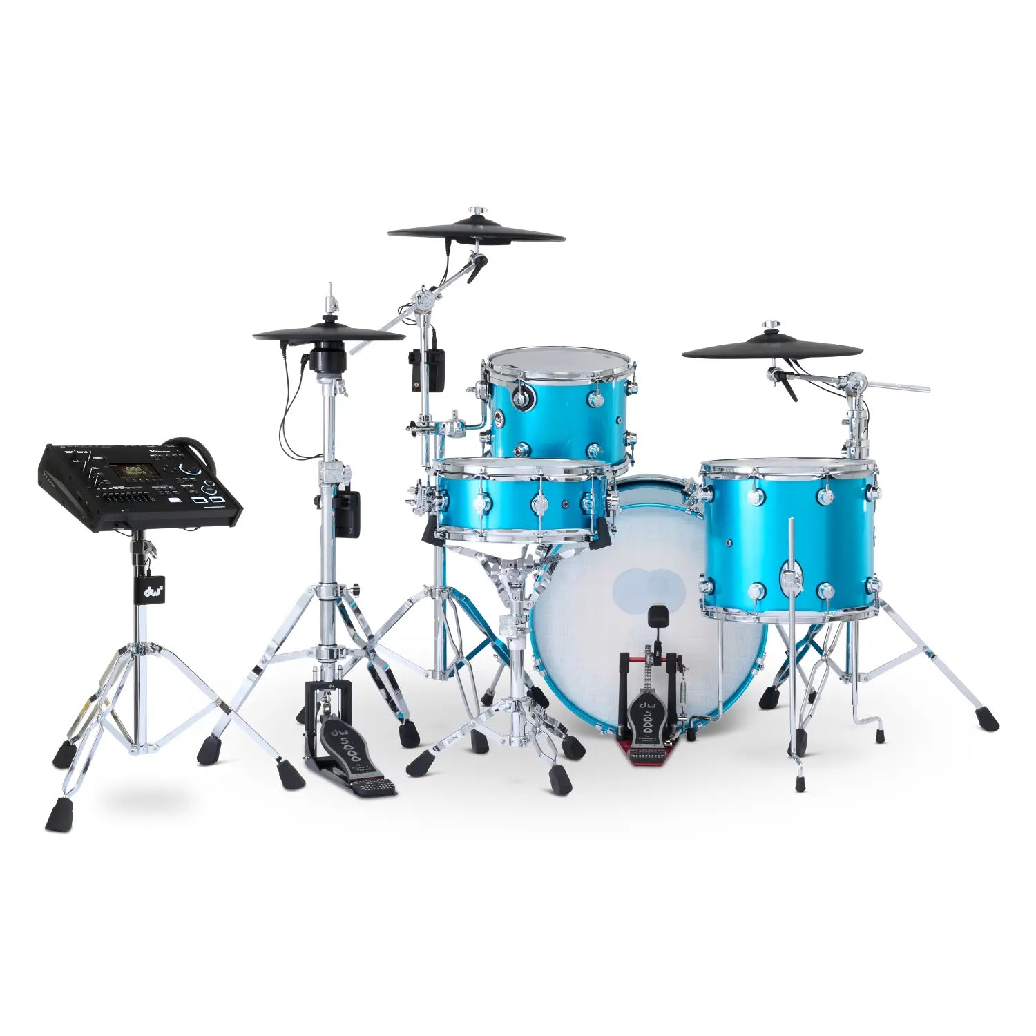 DW DWe 4pc Complete Electronic/Acoustic Drum Set w/Roland Cymbals & V71 Laser Blue Metallic