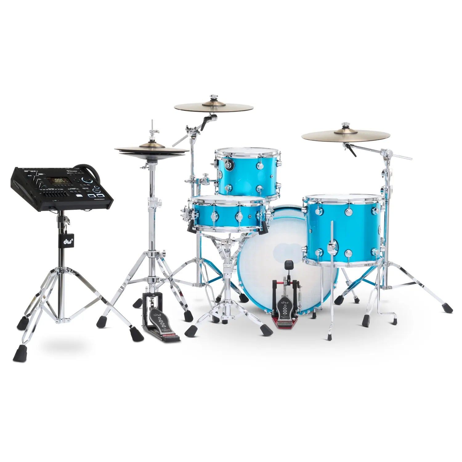 DW DWe 4pc Complete Electronic/Acoustic Drum Set w/Roland V71 Laser Blue Metallic