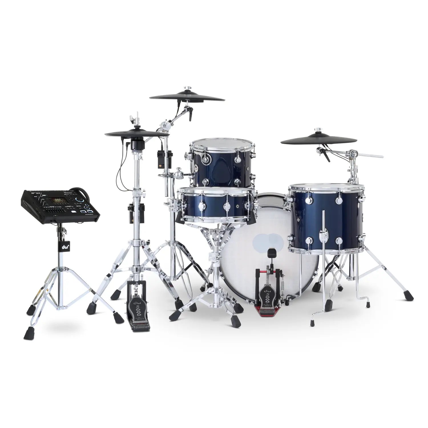 DW DWe 4pc Complete Electronic/Acoustic Drum Set w/Roland Cymbals & V71 Midnight Blue Metallic