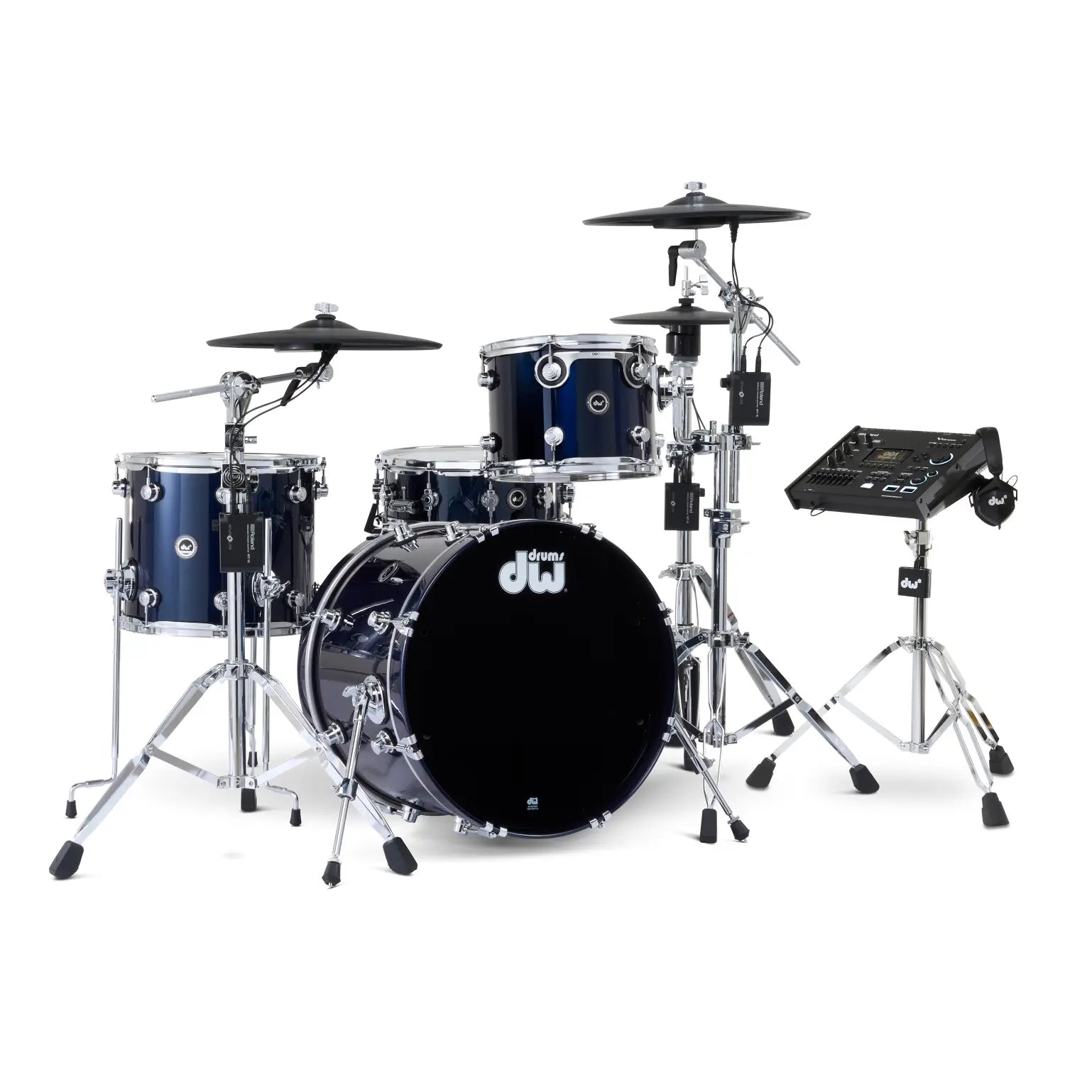 DW DWe 4pc Complete Electronic/Acoustic Drum Set w/Roland Cymbals & V71 Midnight Blue Metallic