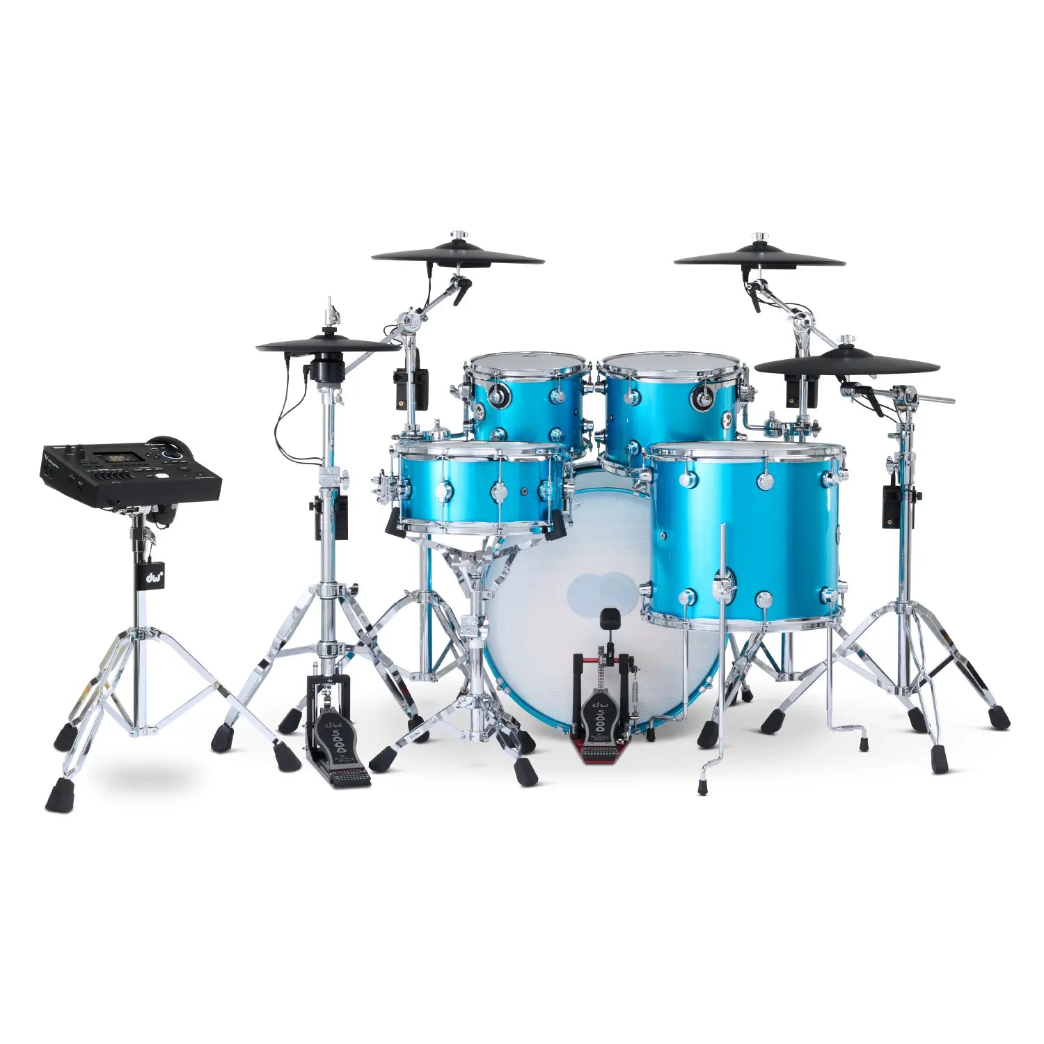DW DWe 5pc Complete Electronic/Acoustic Drum Set w/Roland Cymbals & V51 Laser Blue Metallic