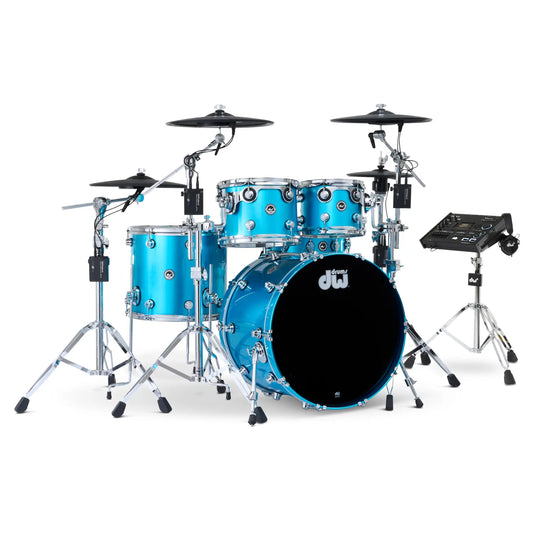 DW DWe 5pc Complete Electronic/Acoustic Drum Set w/Roland Cymbals & V71 Laser Blue Metallic