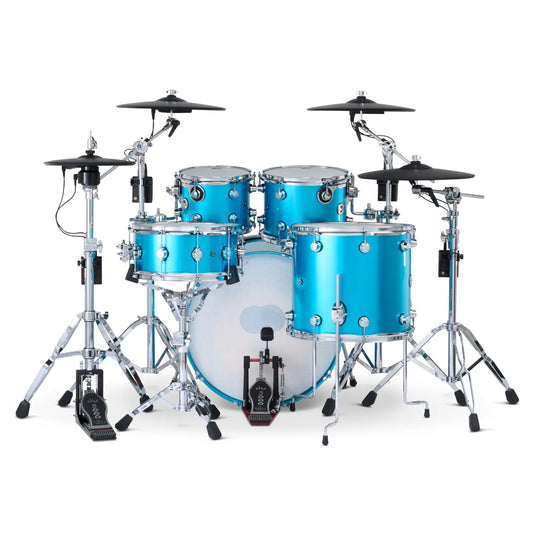 DW DWe 5pc Complete Electronic/Acoustic Drum Set w/Roland Cymbals & V71 Laser Blue Metallic