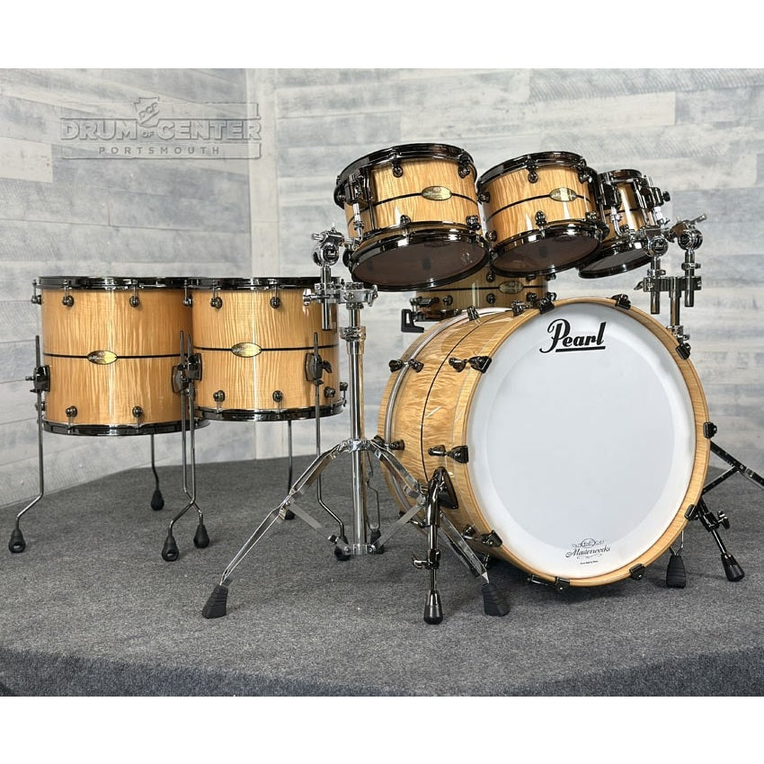 Pearl Masterworks 7pc Drum Set Fiddleback White Sycamore w/Black Nickel Hardware - Drum Center Of Portsmouth