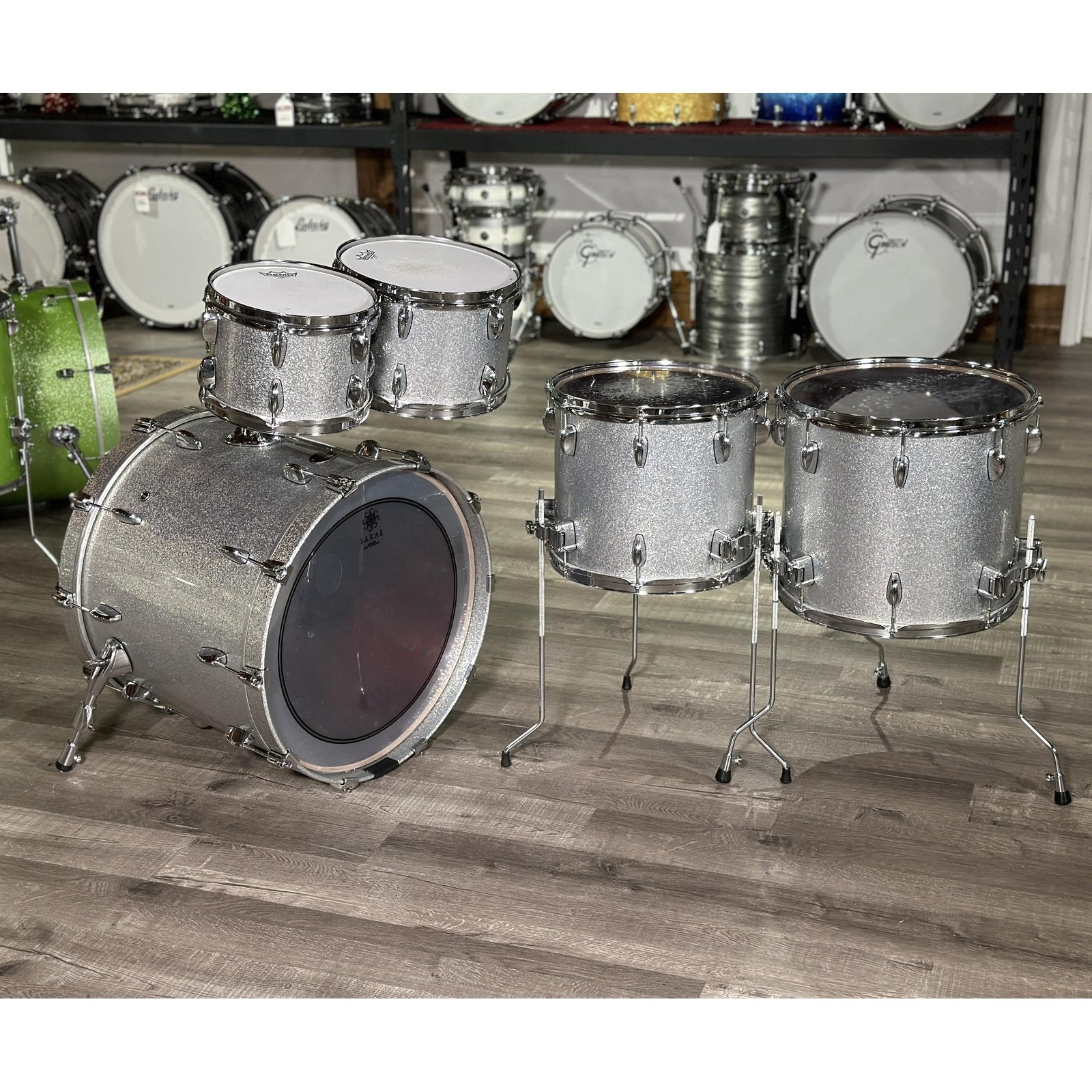 Used Sakae Almighty Birch 5pc Drum Set Silver Sparkle