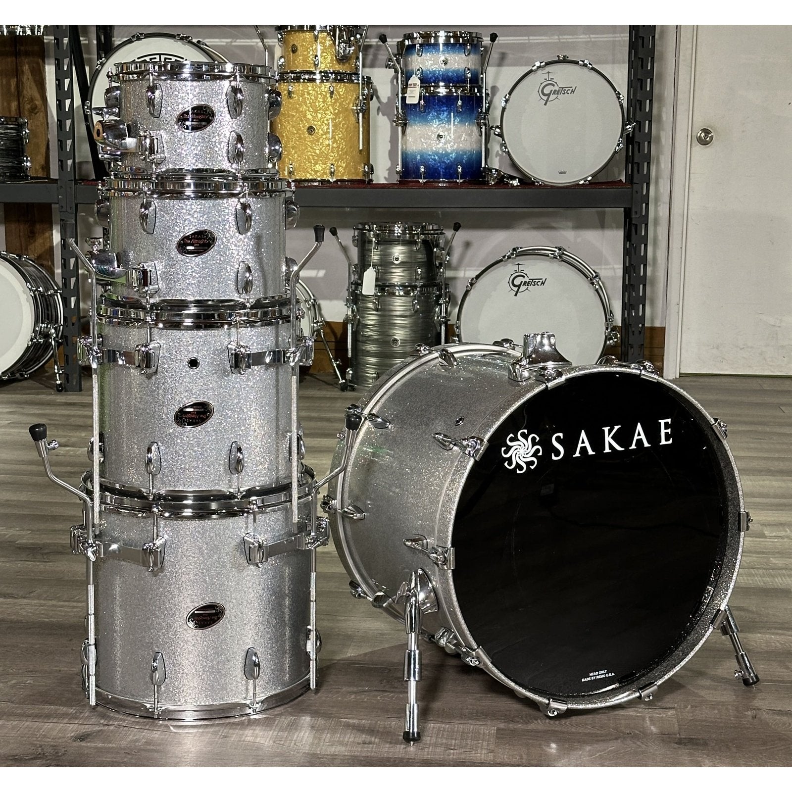 Used Sakae Almighty Birch 5pc Drum Set Silver Sparkle