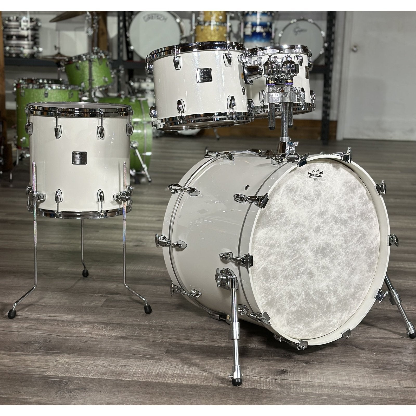 Used Yamaha Beech Custom Absolute 4pc Drum Set White Mica