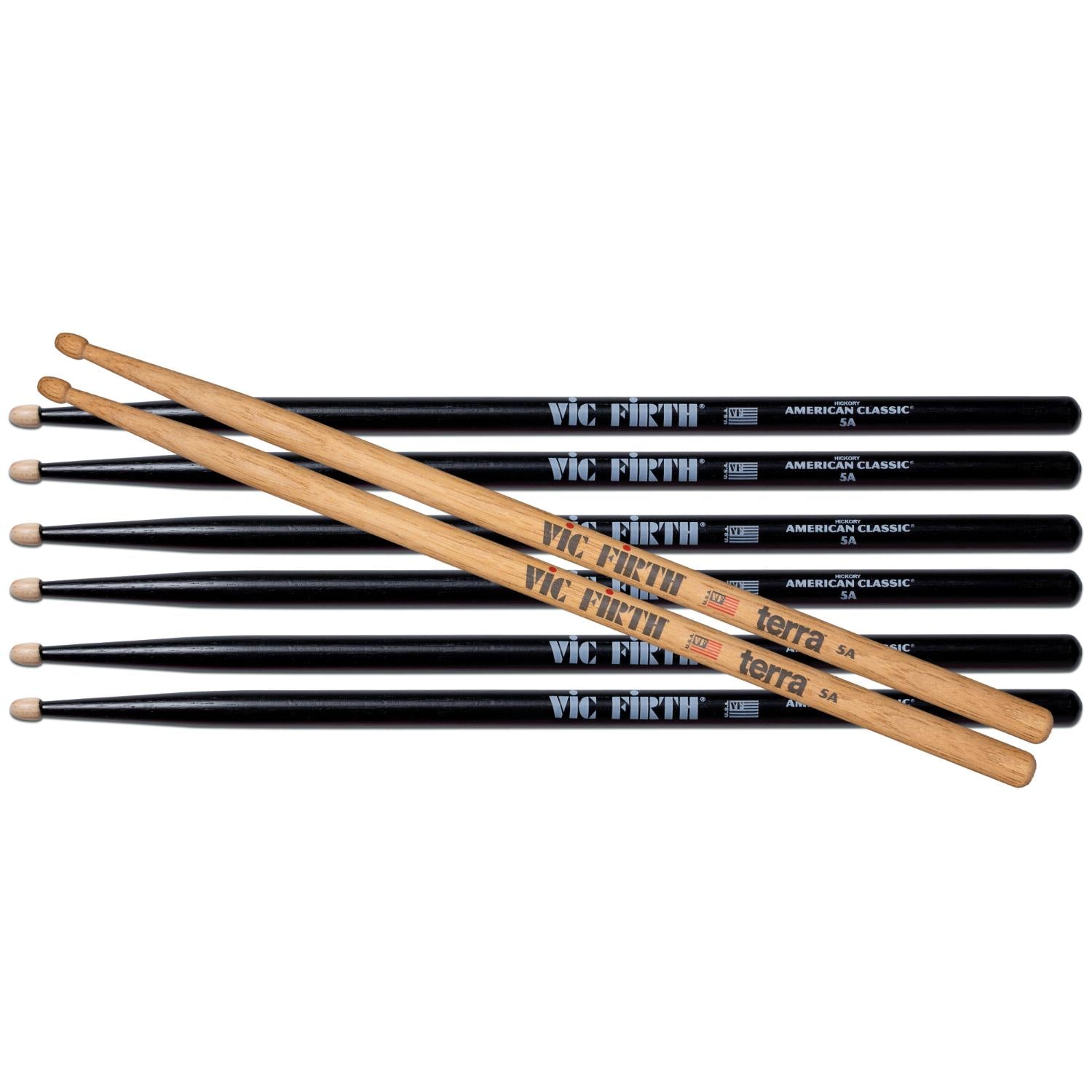 Vic Firth 3 Pair of American Classic 5A Drum Stick w/Black Finish & Free Pair of 5AT Terra - Drum Center Of Portsmouth
