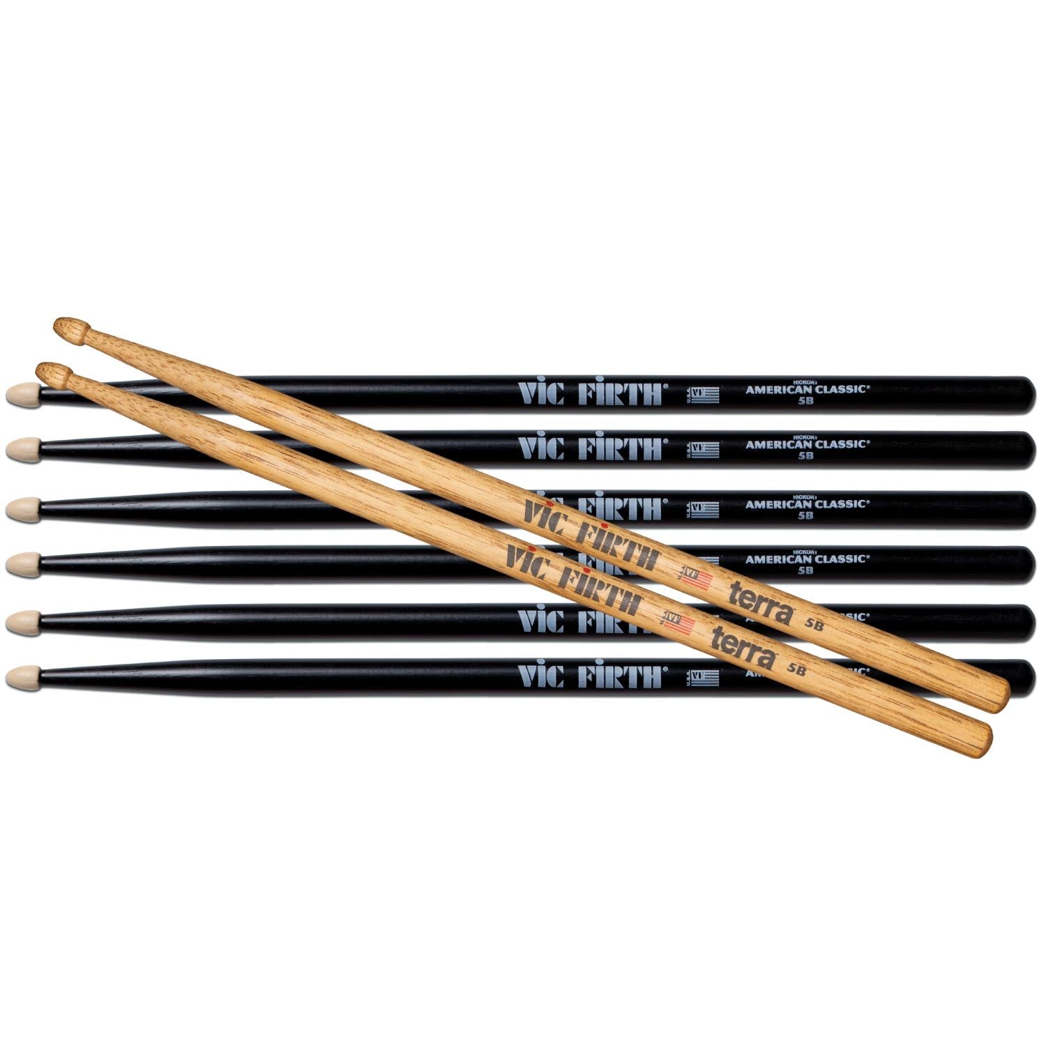 Vic Firth 3 Pair of American Classic 5B Drum Stick w/Black Finish & Free Pair of 5BT Terra - Drum Center Of Portsmouth