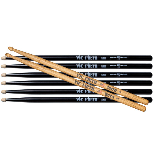 Vic Firth 3 Pair of American Classic 5B Drum Stick w/Black Finish & Free Pair of 5BT Terra - Drum Center Of Portsmouth