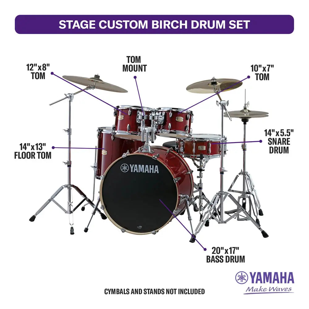 Yamaha Stage Custom Birch 5pc Drum Set w/20" BD Cranberry Red - Drum Center Of Portsmouth