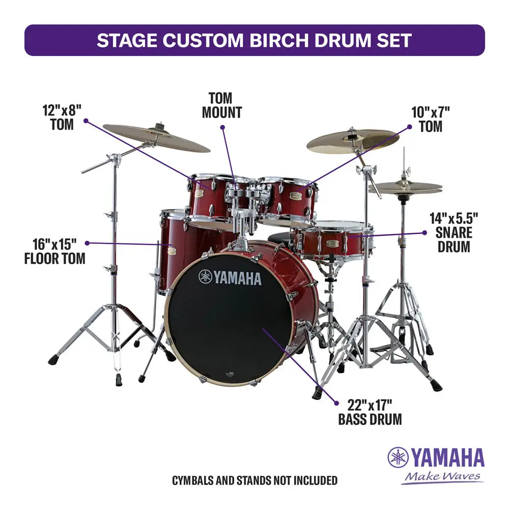 Yamaha Stage Custom Birch 5pc Drum Set w/22" BD Cranberry Red - Drum Center Of Portsmouth