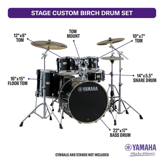Yamaha Stage Custom Birch 5pc Drum Set w/22" BD Raven Black - Drum Center Of Portsmouth