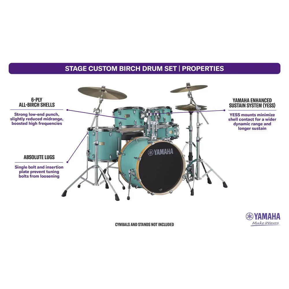 Yamaha Stage Custom Birch 5pc Drum Set w/22BD Matte Surf Green - Drum Center Of Portsmouth