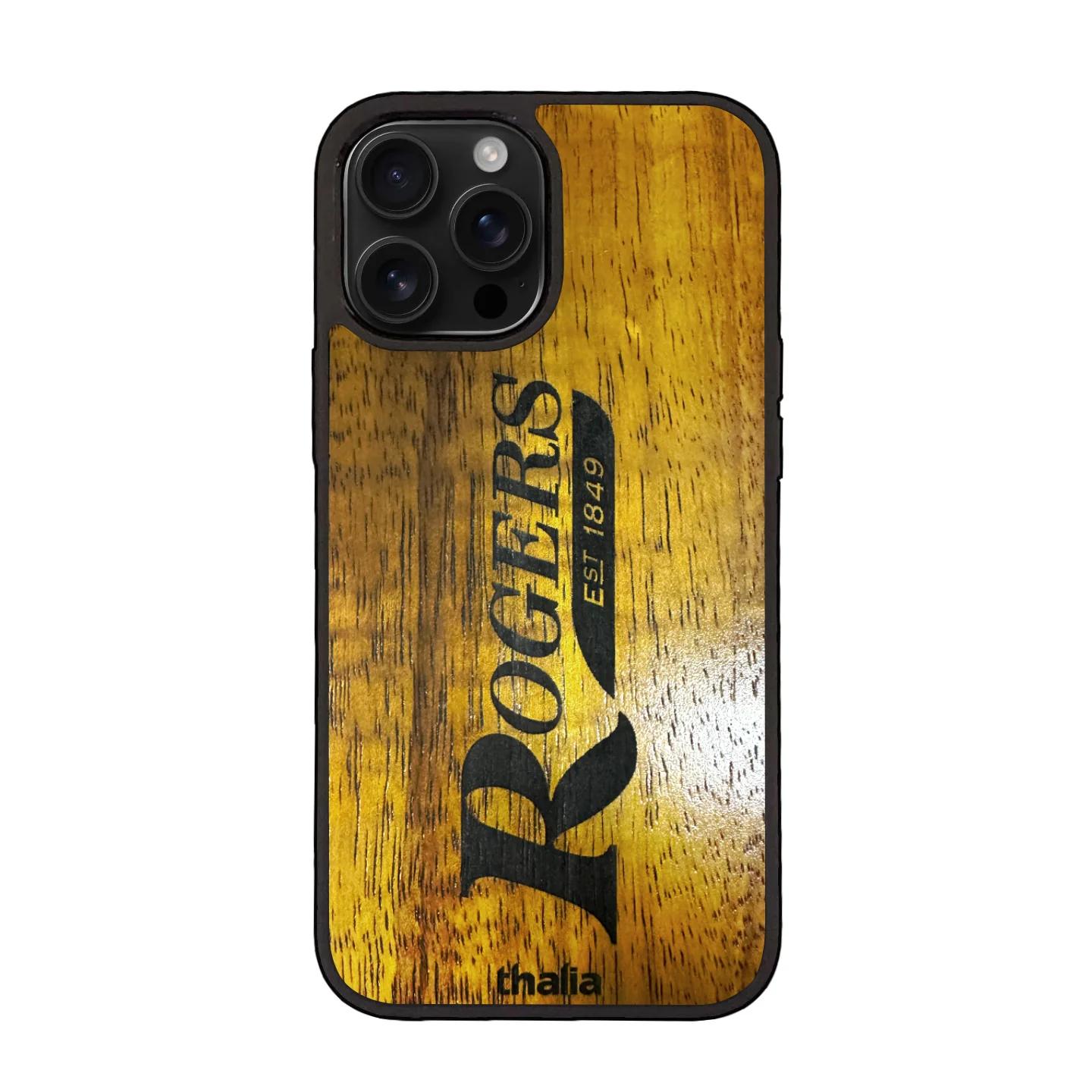 Thalia Rogers Logo Case for iPhone 15 Plus | Vertical Logo, Hawaiian Koa