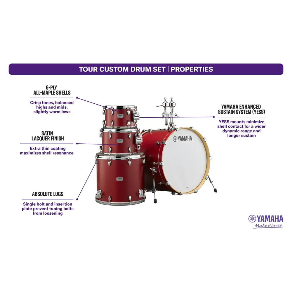 Yamaha Tour Custom Maple 4pc Drum Set 22/10/12/16 Candy Apple Satin - Drum Center Of Portsmouth
