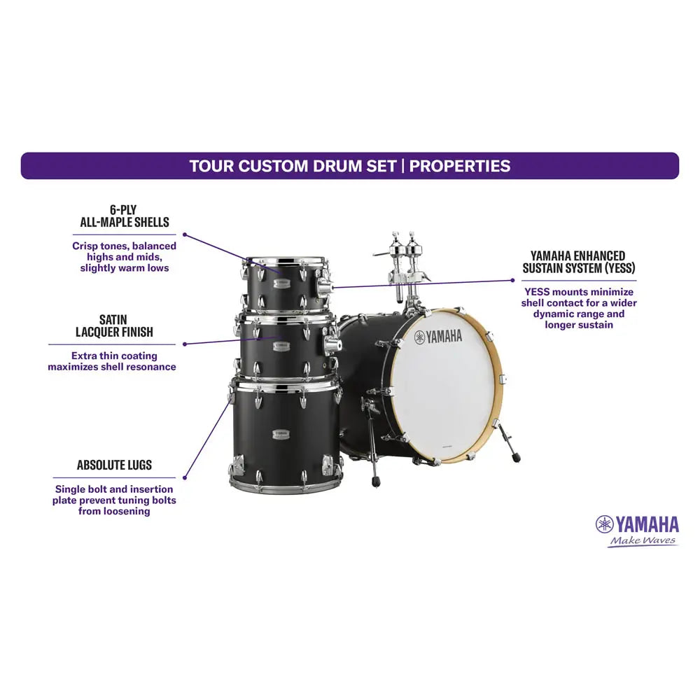 Yamaha Tour Custom Maple 4pc Drum Set 22/10/12/16 Licorice Satin - Drum Center Of Portsmouth