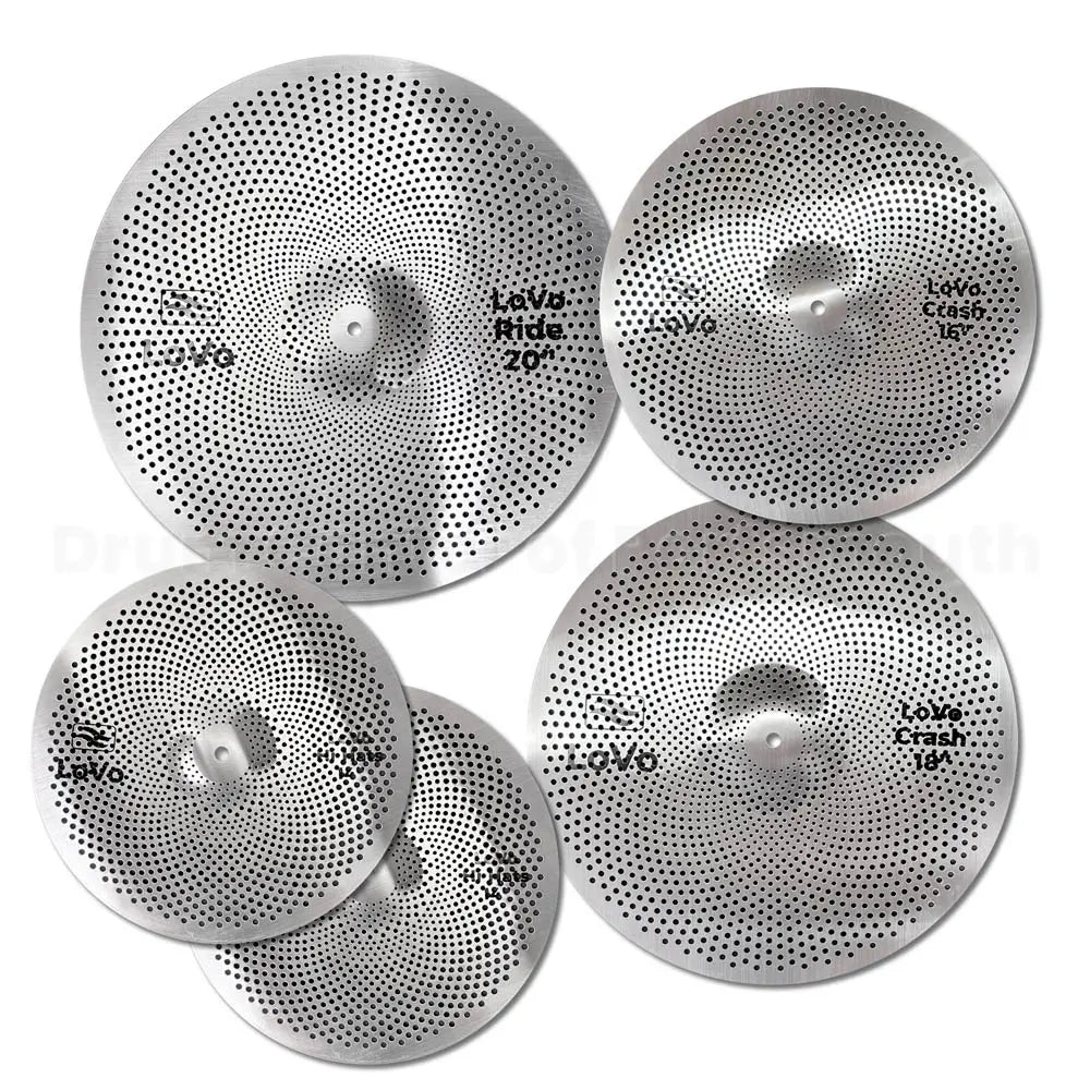 Set of five cymbals with labels on a white background