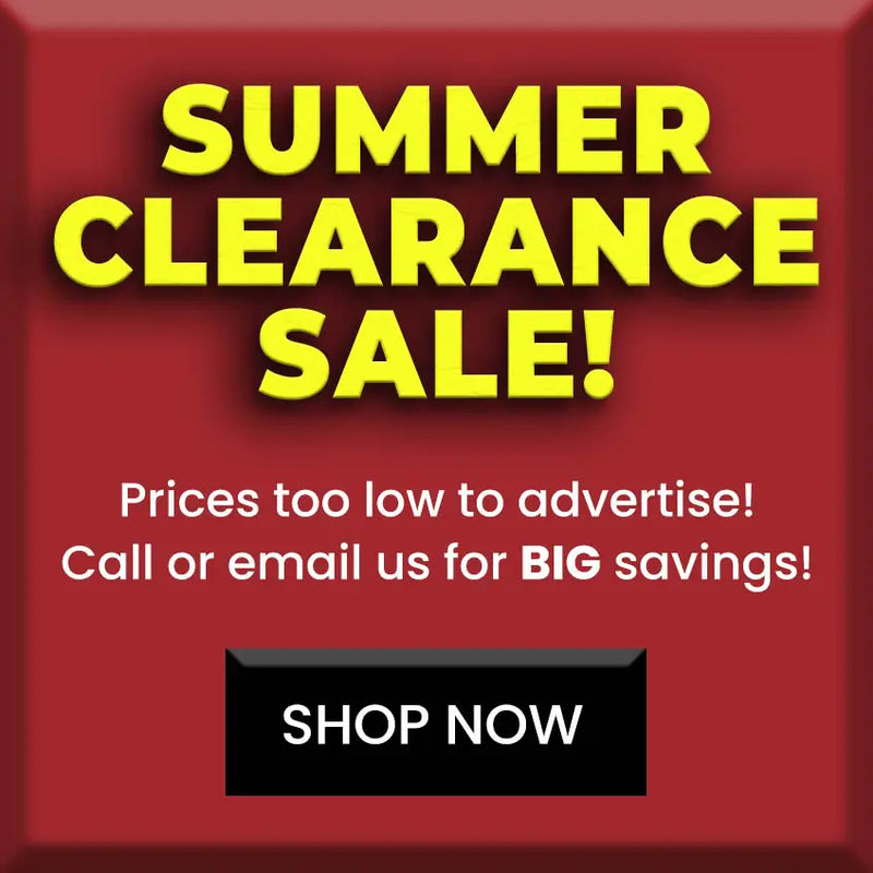 Clearance sale banner with bold yellow text on a black background.